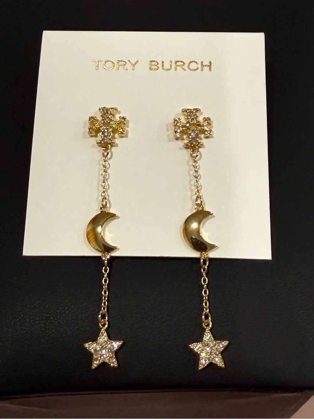 Tory Burch | Gold Plated & Pave Icon, Moon & Star Drop Earrings | Medium
